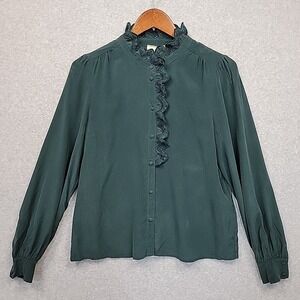 Sézane Chlo Green Silk Long Sleeve Blouse Covered Buttons Lace Embroidery Sz 40